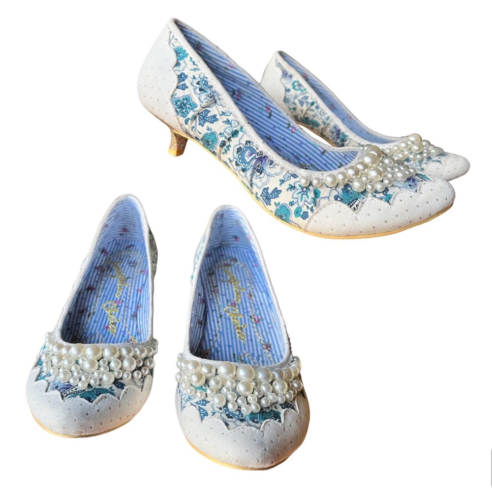 Women's White and Blue Pearl Embellished Low Heel Pumps
